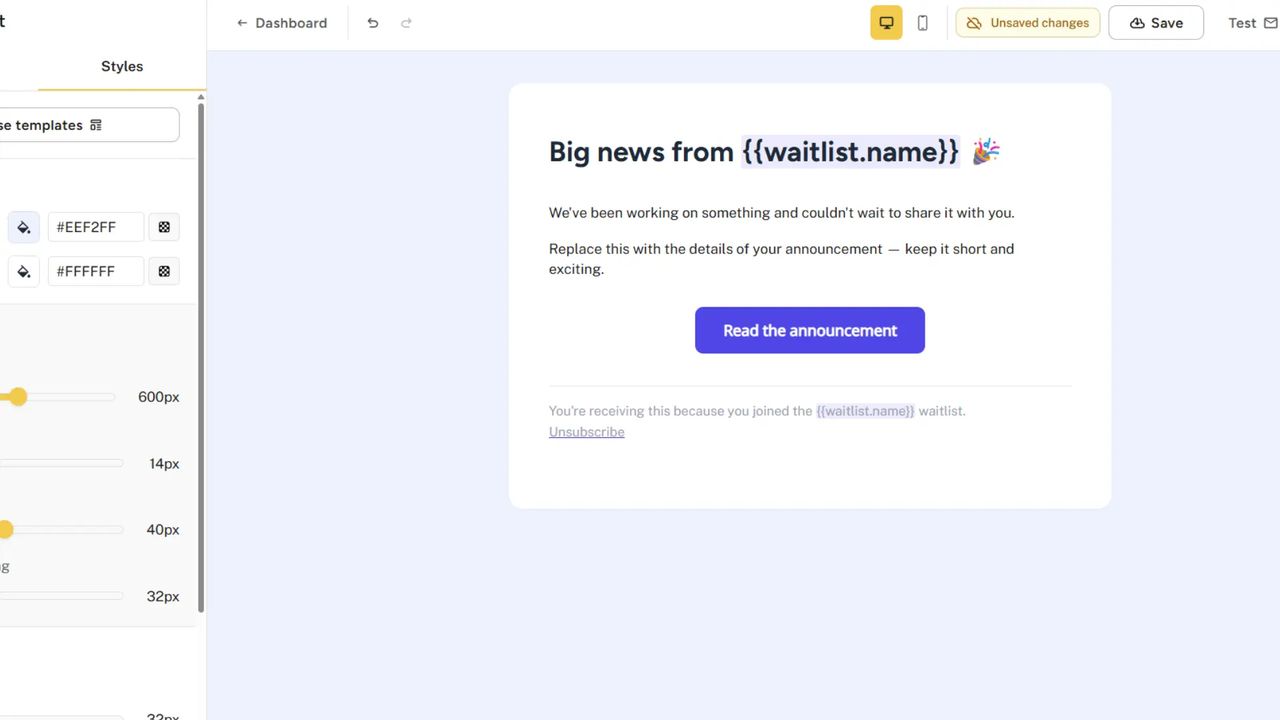 Email editor interface