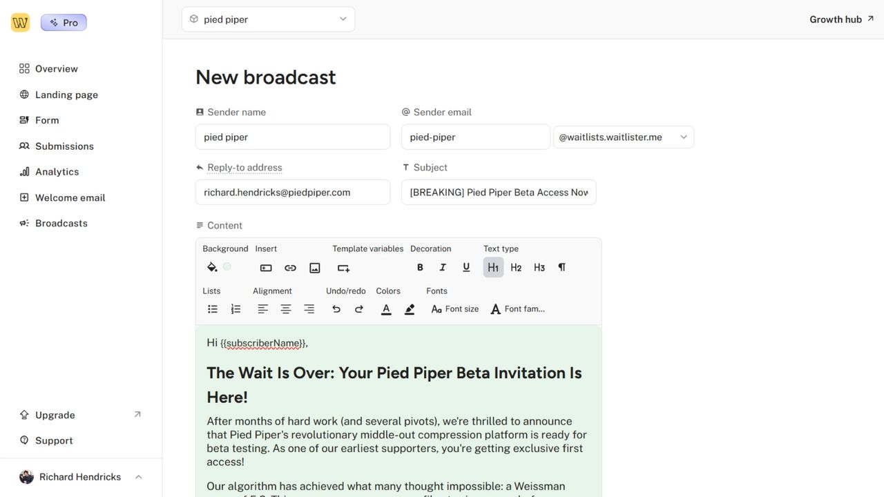 Email editor interface